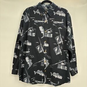 Field & Stream Mens Fisherman Bass Boat Lake Dress Shirt Button Down Black Large